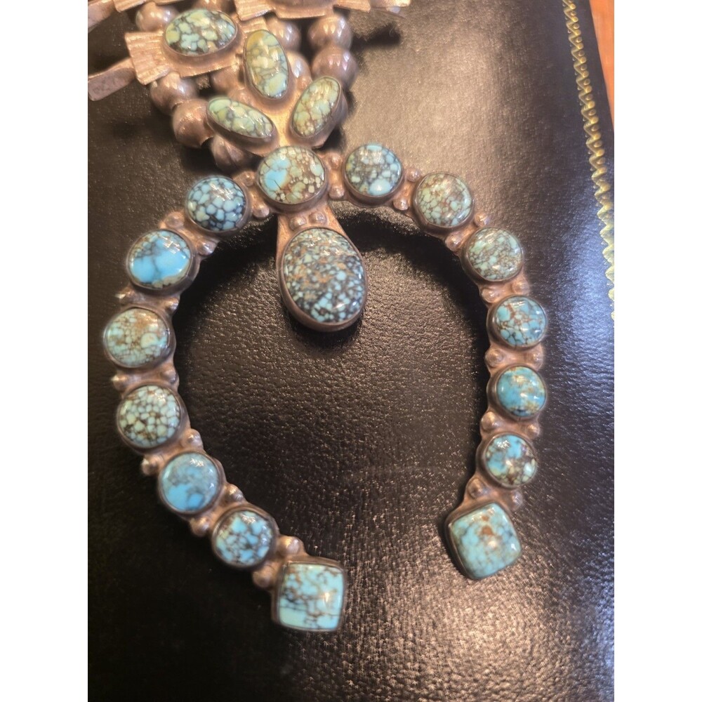 Navajo Bowtie Squash Blossom Spider Web Blue Turquoise Necklace -VINTAGE- SILVER - Picture 8 of 12